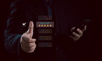 Businessman giving thumbs-up and selecting five-star excellent rating, representing positive customer feedback, high-quality services, user satisfaction, exceptional performance, and online reputation