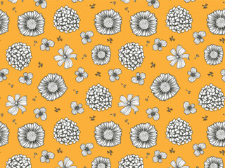 Seamless bright-yellow pattern with flowers in line art style. Perfect for modern decor, textiles, branding, and digital design. Vivid, minimalist, and eye-catching for any creative project.