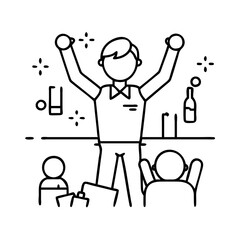 Happy Bartender Celebrates Successful Night at Busy Bar with Customers