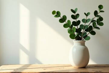 Serene Minimalist Home Decor  Green Foliage in a Simple White Vase on a Rustic Wooden Table, Illuminated by Soft Sunlight