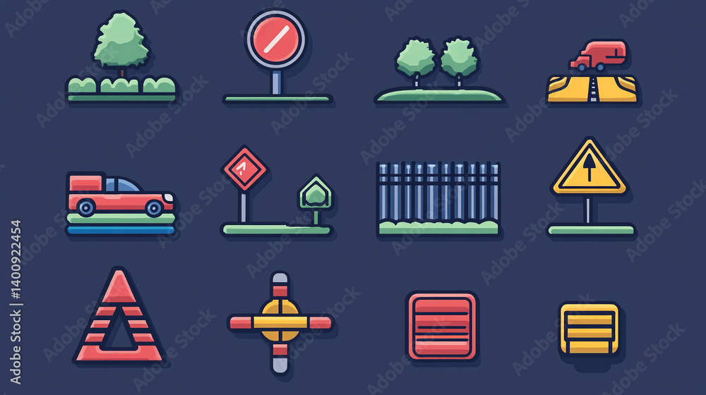 Poster vector road signs and traffic elements for game development and ui design resource pack illustration