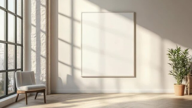 Square white poster on an ornate white wall in a classic room with large windows and wooden parquet floor, sunlight casting gentle shadows. Copy space