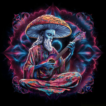 psychedelic mushroom man playing guitar in a rainbow dress