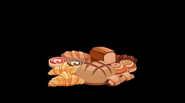 Flat Design Bakery Items  (Bread, Croissants, Rolls) Animated Food Illustration