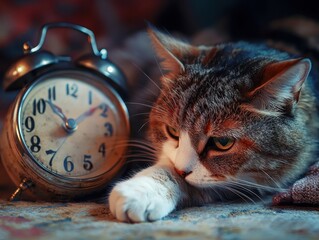 Contemplative feline resting beside a vintage timepiece, lost in thought as the hours pass by on a patterned surface.