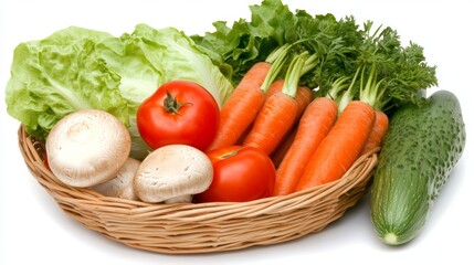 Fresh vegetables in a wicker basket on white background. Includes carrots, tomatoes, mushrooms, lettuce, and cucumber.