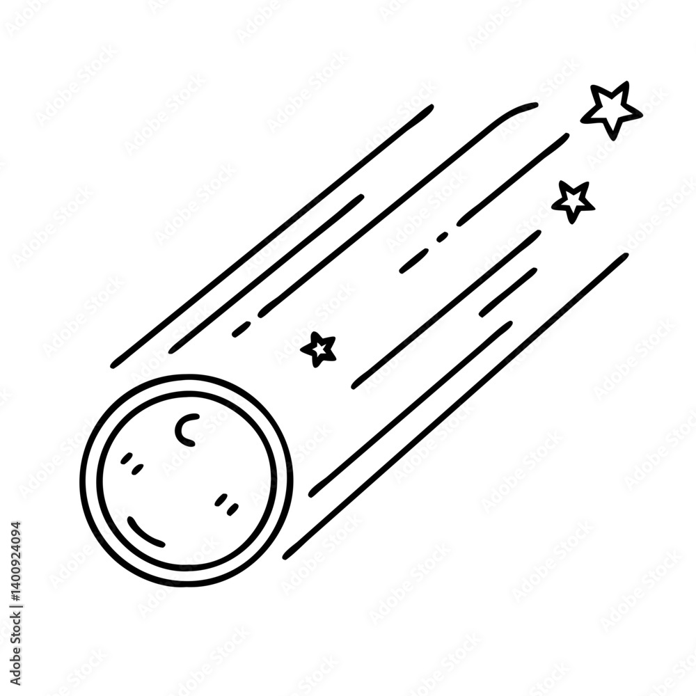 Poster a simple line drawing of a meteor falling from the night sky with trailing lines and stars