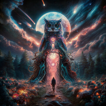 fantasy scene with a woman and owl
