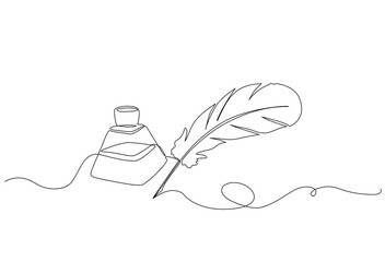 Minimalist continuous one line drawing of an ink bottle and quill pen. Simple vintage writing concept in elegant hand-drawn style. Vector illustration, Editable stroke