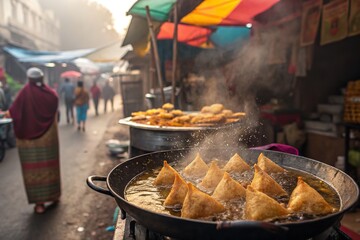 Samosas frying in hot oil on an Indian street, offering a delightful and aromatic experience.