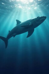 Gigantic whale and shark in silhouette with ocean waves, underwater scene, sea creatures