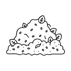 A whimsical illustration of a small pile of dirt with tiny leaves and seeds
