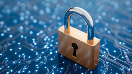 A gold padlock rests on a dark blue circuit board, glowing with bright blue lights. The image symbolizes digital security and data protection.