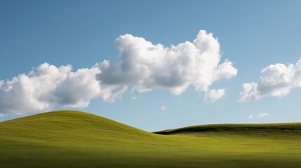 Fototapeta premium Rolling green hills meeting blue sky with puffy white clouds