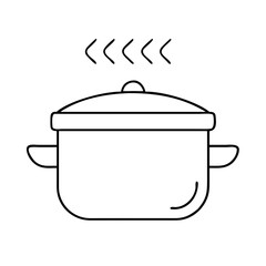 A simple line drawing of a cooking pot with steam rising from the lid