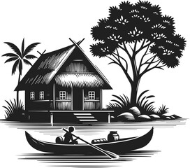 Neat and clean black color silhouette of hut, village hut vector art, hut house vector art, hut tree valley vector with palm tree and trees, river and canoe, native house, home vector design elements