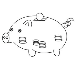 Cute cartoon hand drawn vector piggy bank coloring page.