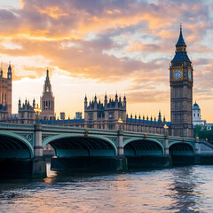 Naklejka premium Iconic London Houses of Parliament at Sunset, Reflecting on the River Thames