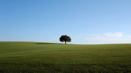 Lonely tree standing on a green hill under blue sky