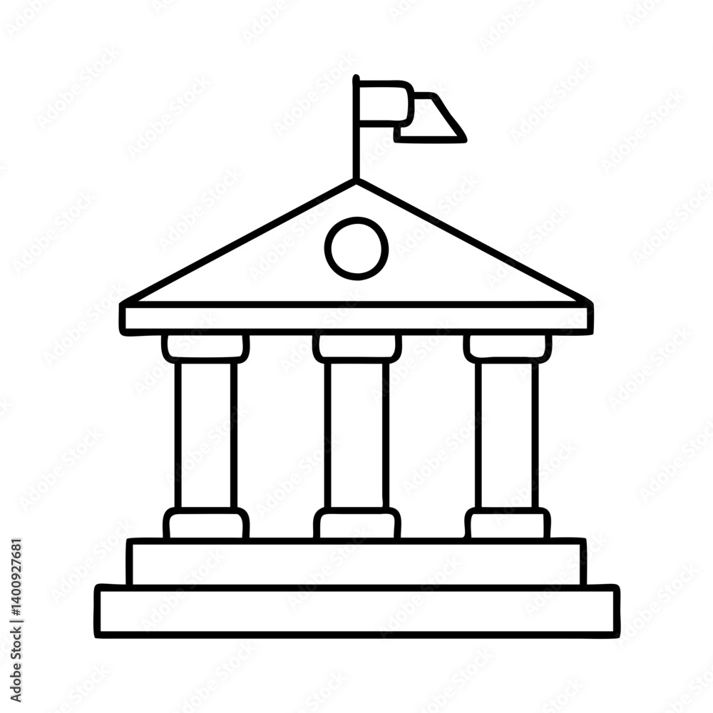 Poster classic building with three pillars and a flag architectural design