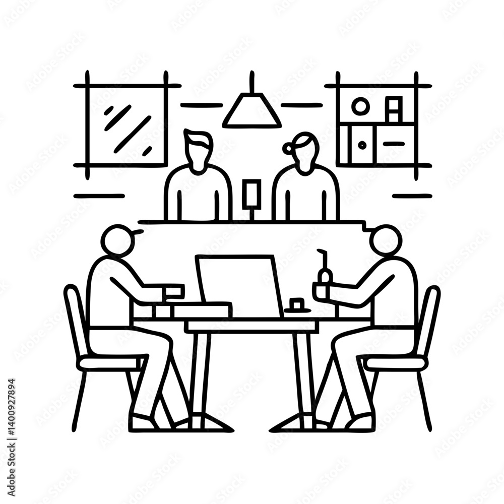 Poster two people working together at a table in a modern office setting with two other people standing beh