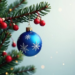 Blue ornament with snowflakes and berries hanging from a branch, winter, festive