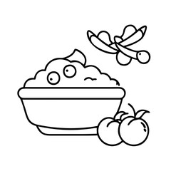 A bowl of delicious guacamole with fresh tomatoes and flying beans