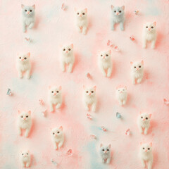 Elegant low-contrast vintage backdrop displaying pastel-toned textures with endless tiny whimsical cat designs for retro decor