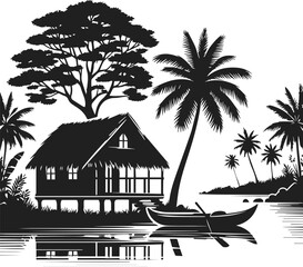 Neat and clean black color silhouette of hut, village hut vector art, hut house vector art, hut tree valley vector with palm tree and trees, river and canoe, native house, home vector design elements