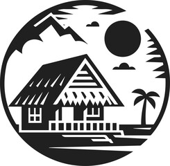 Obraz premium Neat and clean black color silhouette of hut, village hut vector art, hut house vector art, hut tree valley vector with palm tree and trees, river and canoe, native house, home vector design elements