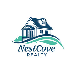 Fototapeta premium NestCove Realty Logo with Cozy House and Flowing Waves for Nature-Inspired Living