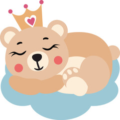 Cute teddy bear princess sleeping with a crown on her head