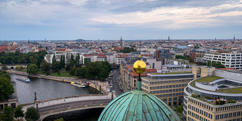 Panoramic view of Berlin from the top of the dome of the Berliner Dom, overlooking the Spree River as it flows through Museumsinsel.