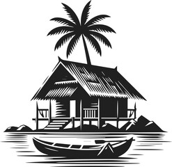 Neat and clean black color silhouette of hut, village hut vector art, hut house vector art, hut tree valley vector with palm tree and trees, river and canoe, native house, home vector design elements