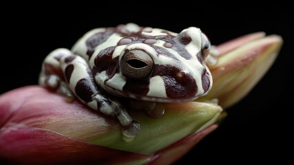 Close-up of a brown and white Amazon milk frog perched on a plant bud.