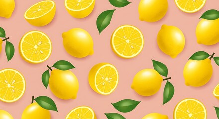 Bright Yellow Lemons and Green Leaves on Pink Background