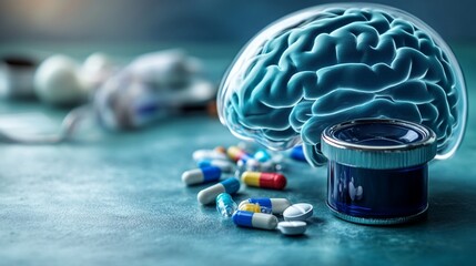 Exploring the intricate relationship between neuroscience, pharmaceutical research, and cognitive enhancement through a vivid blue-toned medical visualization