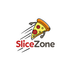 Fototapeta premium SliceZone Logo with Flying Pizza Slice and Fast Delivery Concept