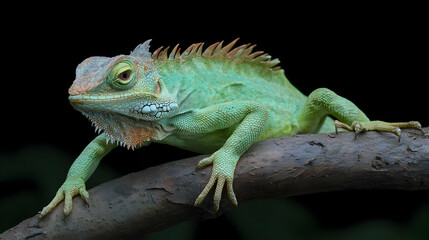 Green Lizard On Branch Against Black Background