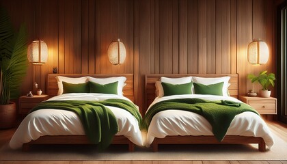two single beds with white linens and green throws in a cozy room with wood paneled walls lit by wall sconces generative ai