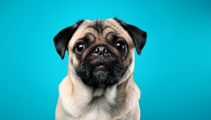 Obraz premium cute pug dog isolated on cyan blue background