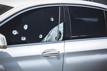 Fototapeta premium Luxury Car With Shattered Window From Bullet Impact in Urban Setting
