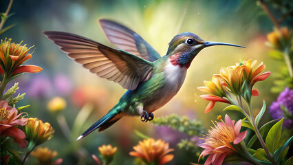 Vibrant Hummingbird in Flight Amongst Colorful Flowers