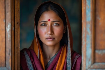 Fototapeta premium A portrait of a woman with traditional attire standing in a doorway, showcasing her expressive gaze and cultural ornamentation.