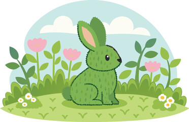 Cute Green Rabbit Whimsical Cartoon Nature Scene