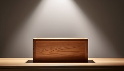 wooden box or podium with polished surface illuminated by dramatic overhead lighting against a neutral background