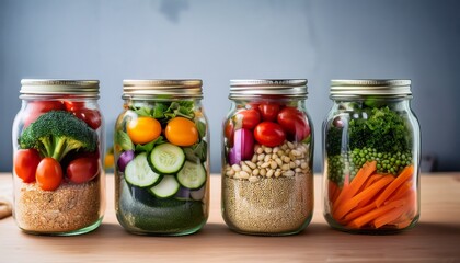 colorful mason jar meal prep fresh vegetables and grains for sustainable lifestyle and efficient meal planning modern health content and food industry innovation