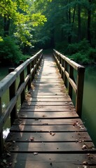 Weathered wooden bridge crossing a murky river, murky, erosion