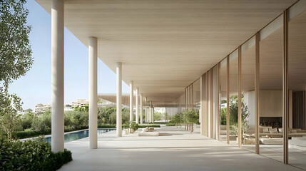 Modern Concrete Courtyard With Pool And Lush Trees