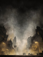 Fototapeta premium group of people walking through polluted city with heavy smog and smoke, urban silhouettes in dystopian environment with fog, decay, and dramatic skyline under dark atmospheric sky 